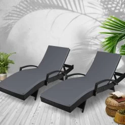 Gardeon Outdoor Sun Lounge Chair With Cushion – Black -Furniture Shop FF LOUNGE ARM BKX2 06