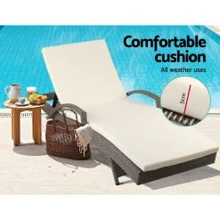 Gardeon Outdoor Sun Lounge Chair With Cushion- Grey -Furniture Shop FF LOUNGE ARM GEX2 03