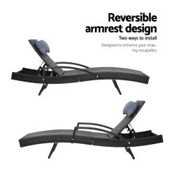 Gardeon Set Of 2 Sun Lounge Outdoor Furniture Wicker Lounger Rattan Day Bed Garden Patio Black -Furniture Shop FF LOUNGE ARM P BKX2 06