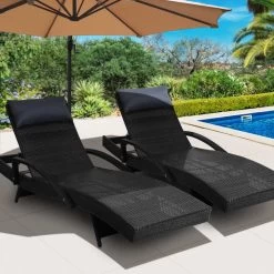 Gardeon Set Of 2 Sun Lounge Outdoor Furniture Wicker Lounger Rattan Day Bed Garden Patio Black -Furniture Shop FF LOUNGE ARM P BKX2 07