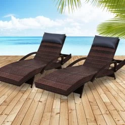 Gardeon Sun Lounge Outdoor Furniture Wicker Lounger Rattan Day Bed Garden Patio Brown -Furniture Shop FF LOUNGE ARM P BRX2 99
