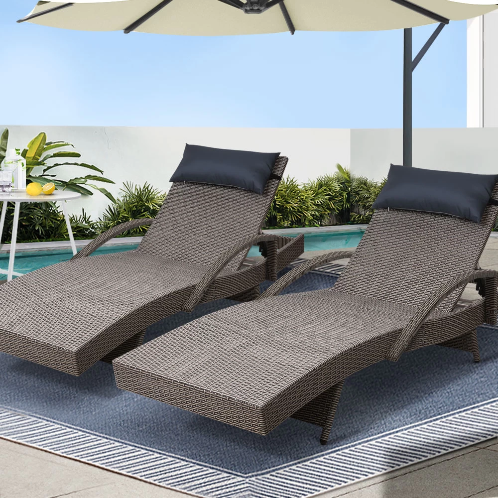 Gardeon Set Of 2 Sun Lounge Outdoor Furniture Wicker Lounger Rattan Day Bed Garden Patio Grey 10 Gardeon Set Of 2 Sun Lounge Outdoor Furniture Wicker Lounger Rattan Day Bed Garden Patio Grey - Image 8