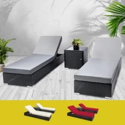 Gardeon Outdoor Sun Lounge Wicker Lounger Setting Day Bed Chair Pool Furniture Rattan Sofa Cushion Garden Patio Grey Black -Furniture Shop FF LOUNGE BK AB 3831 06