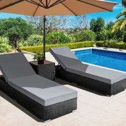 Gardeon Outdoor Sun Lounge Wicker Lounger Setting Day Bed Chair Pool Furniture Rattan Sofa Cushion Garden Patio Grey Black -Furniture Shop FF LOUNGE BK AB 3831 07