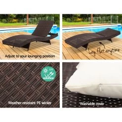 Gardeon Outdoor Sun Lounge Setting Wicker Lounger Day Bed Rattan Patio Furniture Brown -Furniture Shop FF LOUNGE WA BR2X 04