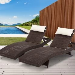Gardeon Outdoor Sun Lounge Setting Wicker Lounger Day Bed Rattan Patio Furniture Brown -Furniture Shop FF LOUNGE WA BRX2 07