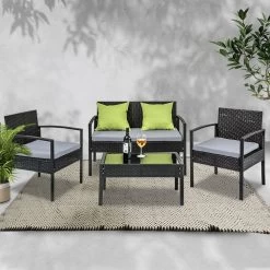 4 Seater Sofa Set Outdoor Furniture Lounge Setting Wicker Chairs Table Rattan Lounger Bistro Patio Garden Cushions Black -Furniture Shop FF SAIPAN BK 99