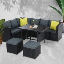 Gardeon Outdoor Furniture Patio Set Dining Sofa Table Chair Lounge Wicker Garden Black -Furniture Shop FF SDBOSS OTM BK ABC 99