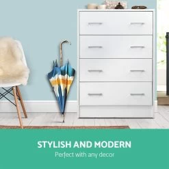 Artiss Tallboy 4 Drawers Storage Cabinet – White -Furniture Shop FURNI DT 4D WH AB 02