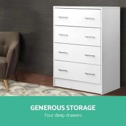 Artiss Tallboy 4 Drawers Storage Cabinet – White -Furniture Shop FURNI DT 4D WH AB 03