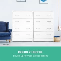 Artiss Tallboy 4 Drawers Storage Cabinet – White -Furniture Shop FURNI DT 4D WH AB 05