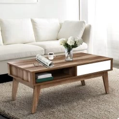 Artiss Coffee Table 2 Storage Drawers Open Shelf Scandinavian Wooden White -Furniture Shop FURNI E SCAN COF01 NT 06