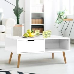 Artiss Coffee Table Storage Drawer Open Shelf Wooden Legs Scandinavian White 13 Artiss Coffee Table Storage Drawer Open Shelf Wooden Legs Scandinavian White -Furniture Shop FURNI E SCAN COF02 WH 05