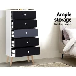 Artiss 5 Chest Of Drawers Dresser Table Tallboy Storage Cabinet Furniture Black -Furniture Shop FURNI E SCAN TBOY01 WHBK 02