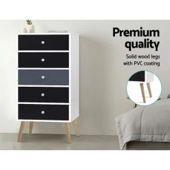 Artiss 5 Chest Of Drawers Dresser Table Tallboy Storage Cabinet Furniture Black -Furniture Shop FURNI E SCAN TBOY01 WHBK 05