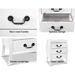 Artiss Bedside Tables 3 Drawers Storage Nightstand Side Chest Cabinet Lamp Unit -Furniture Shop FURNI G 055 BS3D WH 03 1
