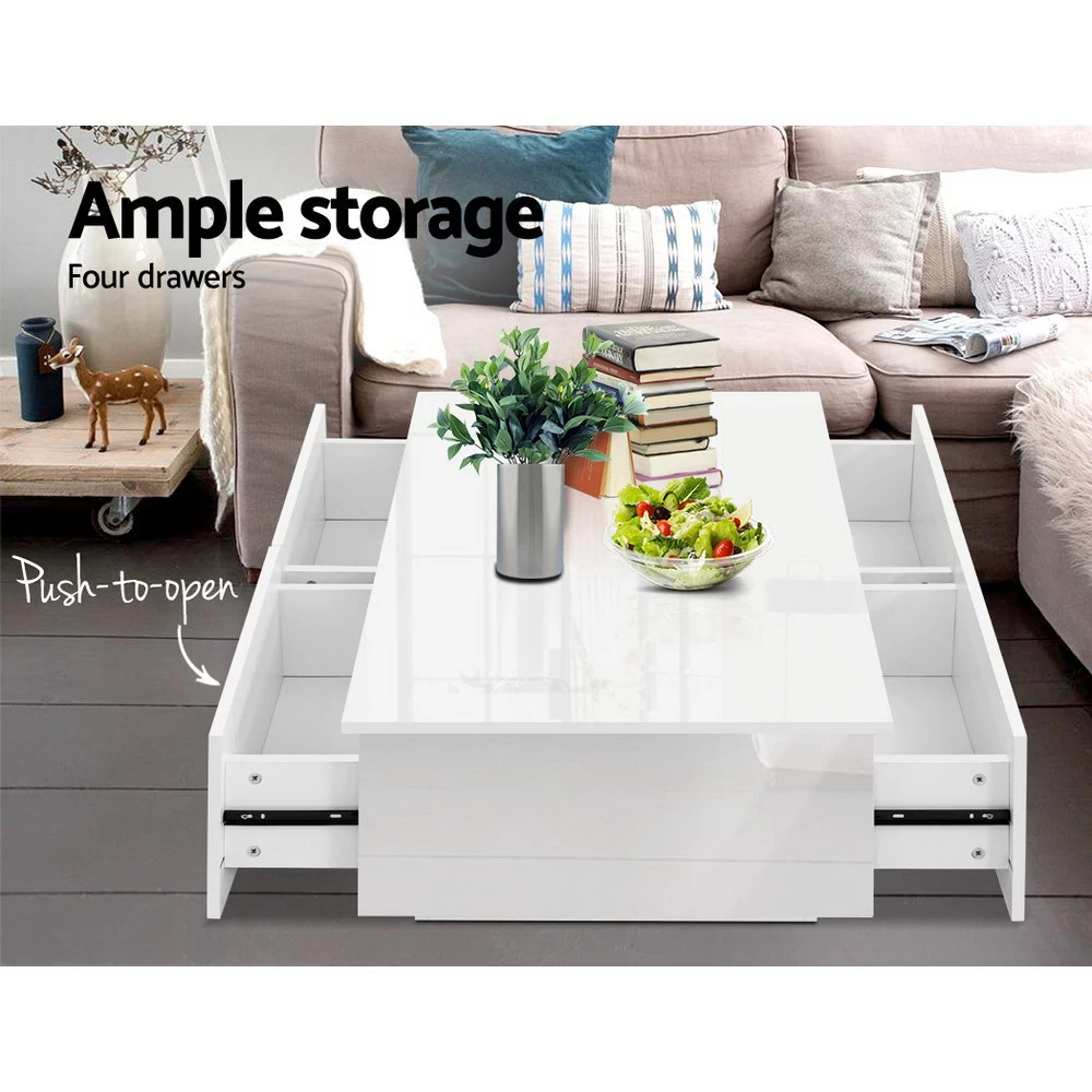 Artiss Modern Coffee Table 4 Storage Drawers High Gloss Living Room Furniture White 6 Artiss Modern Coffee Table 4 Storage Drawers High Gloss Living Room Furniture White - Image 4