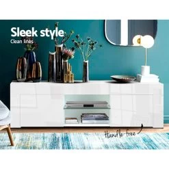Artiss 130cm High Gloss TV Stand Entertainment Unit Storage Cabinet Tempered Glass Shelf White -Furniture Shop FURNI L GS TV01A WH 02