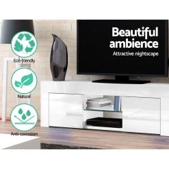 Artiss 130cm High Gloss TV Stand Entertainment Unit Storage Cabinet Tempered Glass Shelf White -Furniture Shop FURNI L GS TV01A WH 03