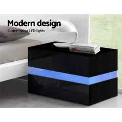 Artiss Bedside Table 2 Drawers RGB LED Side Nightstand High Gloss Cabinet Black -Furniture Shop FURNI L LED BS01 BK 02 1
