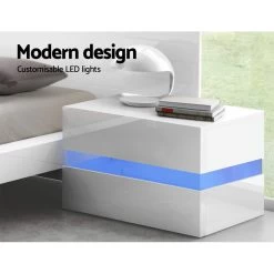 Artiss Bedside Table 2 Drawers RGB LED Side Nightstand High Gloss Cabinet White -Furniture Shop FURNI L LED BS01 WH 02 1