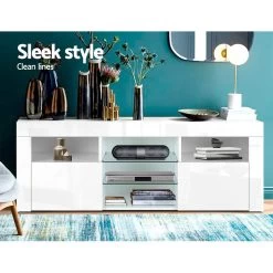 Artiss 145cm RGB LED TV Stand Cabinet Entertainment Unit Gloss Furniture Tempered Glass Shelf White -Furniture Shop FURNI L LED TV02 WH AB 03