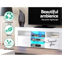 Artiss 145cm RGB LED TV Stand Cabinet Entertainment Unit Gloss Furniture Tempered Glass Shelf White -Furniture Shop FURNI L LED TV02 WH AB 04