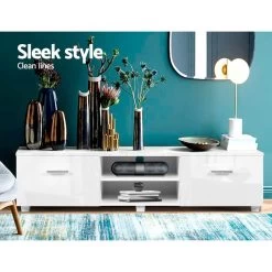 Artiss TV Cabinet Entertainment Unit Stand High Gloss Furniture Storage Drawers 140cm White -Furniture Shop FURNI N GS TV01 WH AB 02