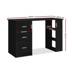 Artiss Office Computer Desk Student Study Table Workstation 3 Drawers 120cm Black -Furniture Shop FURNI O DESK 120 BK AB 01