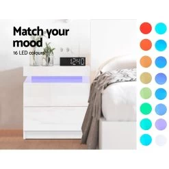 Artiss Bedside Tables Side Table Drawers RGB LED High Gloss Nightstand White -Furniture Shop FURNI O LED BS 01 WH 02 1