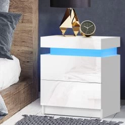 Artiss Bedside Tables Side Table Drawers RGB LED High Gloss Nightstand White -Furniture Shop FURNI O LED BS 01 WH 99 1