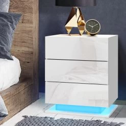 Artiss Bedside Tables Side Table RGB LED Lamp 2 Drawers Nightstand Gloss White -Furniture Shop FURNI O LED BS 02 WH 99