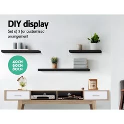 Artiss 3 Piece Floating Wall Shelves – Black -Furniture Shop FURNI WALL SHELF BK 02