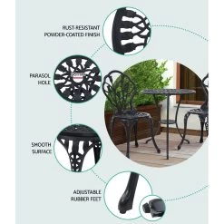 Gardeon 3PC Outdoor Setting Cast Aluminium Bistro Table Chair Patio Black -Furniture Shop GB CALU 3PC XG1018 BK 03