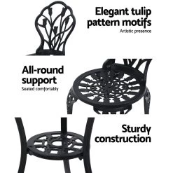 Gardeon 3PC Outdoor Setting Cast Aluminium Bistro Table Chair Patio Black -Furniture Shop GB CALU 3PC XG1018 BK 04