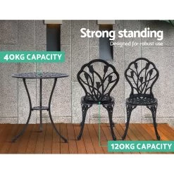 Gardeon 3PC Outdoor Setting Cast Aluminium Bistro Table Chair Patio Black -Furniture Shop GB CALU 3PC XG1018 BK 05