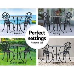 Gardeon 3PC Outdoor Setting Cast Aluminium Bistro Table Chair Patio Black -Furniture Shop GB CALU 3PC XG1018 BK 06