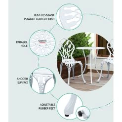 Gardeon 3PC Outdoor Setting Cast Aluminium Bistro Table Chair Patio White -Furniture Shop GB CALU 3PC XG1018 WH 03