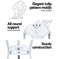 Gardeon 3PC Outdoor Setting Cast Aluminium Bistro Table Chair Patio White -Furniture Shop GB CALU 3PC XG1018 WH 04