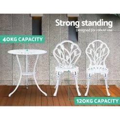 Gardeon 3PC Outdoor Setting Cast Aluminium Bistro Table Chair Patio White -Furniture Shop GB CALU 3PC XG1018 WH 05