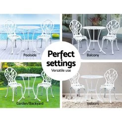 Gardeon 3PC Outdoor Setting Cast Aluminium Bistro Table Chair Patio White -Furniture Shop GB CALU 3PC XG1018 WH 06
