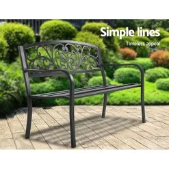 Garden Bench Seat Outdoor Chair Steel Iron Patio Furniture Lounge Porch Lounger Vintage Black Gardeon -Furniture Shop GB STEEL XG201 BK 03
