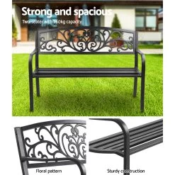 Garden Bench Seat Outdoor Chair Steel Iron Patio Furniture Lounge Porch Lounger Vintage Black Gardeon -Furniture Shop GB STEEL XG201 BK 04