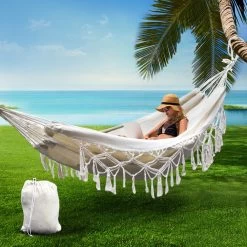 Gardeon Hanging Tassel Hammock Swing Bed Cream -Furniture Shop HM BED TASSEL COT CR 06