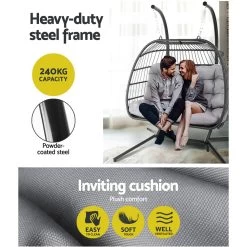 Gardeon Outdoor Furniture Hanging Swing Chair Egg Hammock Pod Wicker 2 Person Grey -Furniture Shop HM EGG ROPE D GREY 05