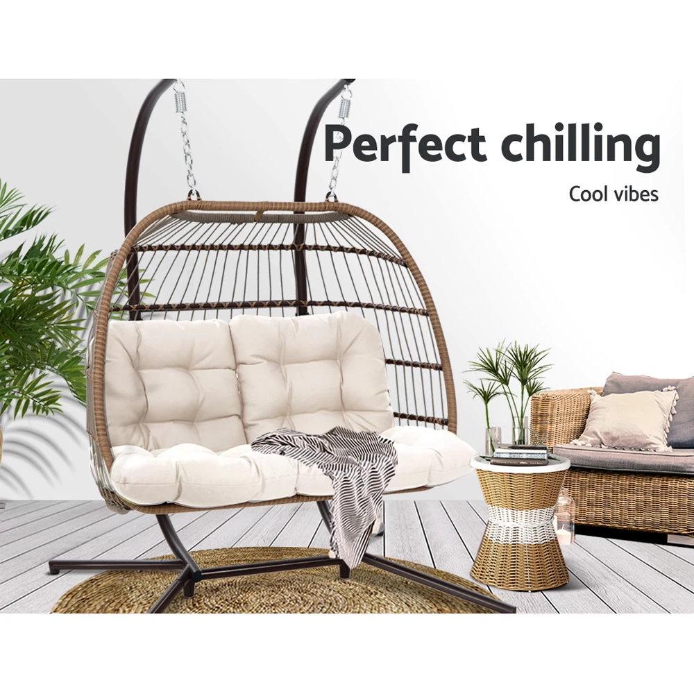 Gardeon Outdoor Furniture Hanging Swing Chair Stand Egg Hammock Rattan Wicker Latte 6 Gardeon Outdoor Furniture Hanging Swing Chair Stand Egg Hammock Rattan Wicker Latte - Image 4
