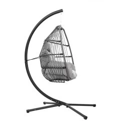 Gardeon Outdoor Furniture Egg Hammock Hanging Swing Chair Stand Pod Wicker Grey -Furniture Shop HM EGG ROPE S GREY 02