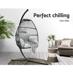 Gardeon Outdoor Furniture Egg Hammock Hanging Swing Chair Stand Pod Wicker Grey -Furniture Shop HM EGG ROPE S GREY 03
