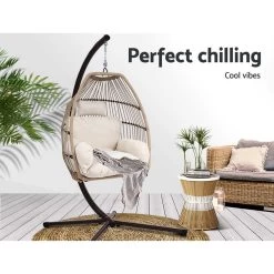 Gardeon Outdoor Furniture Egg Hanging Swing Chair Stand Wicker Rattan Hammock -Furniture Shop HM EGG ROPE S LACR 03