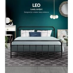 Metal Bed Frame Queen Size Platform Foundation Mattress Base Leo Black -Furniture Shop MBED C LEO Q BK 02